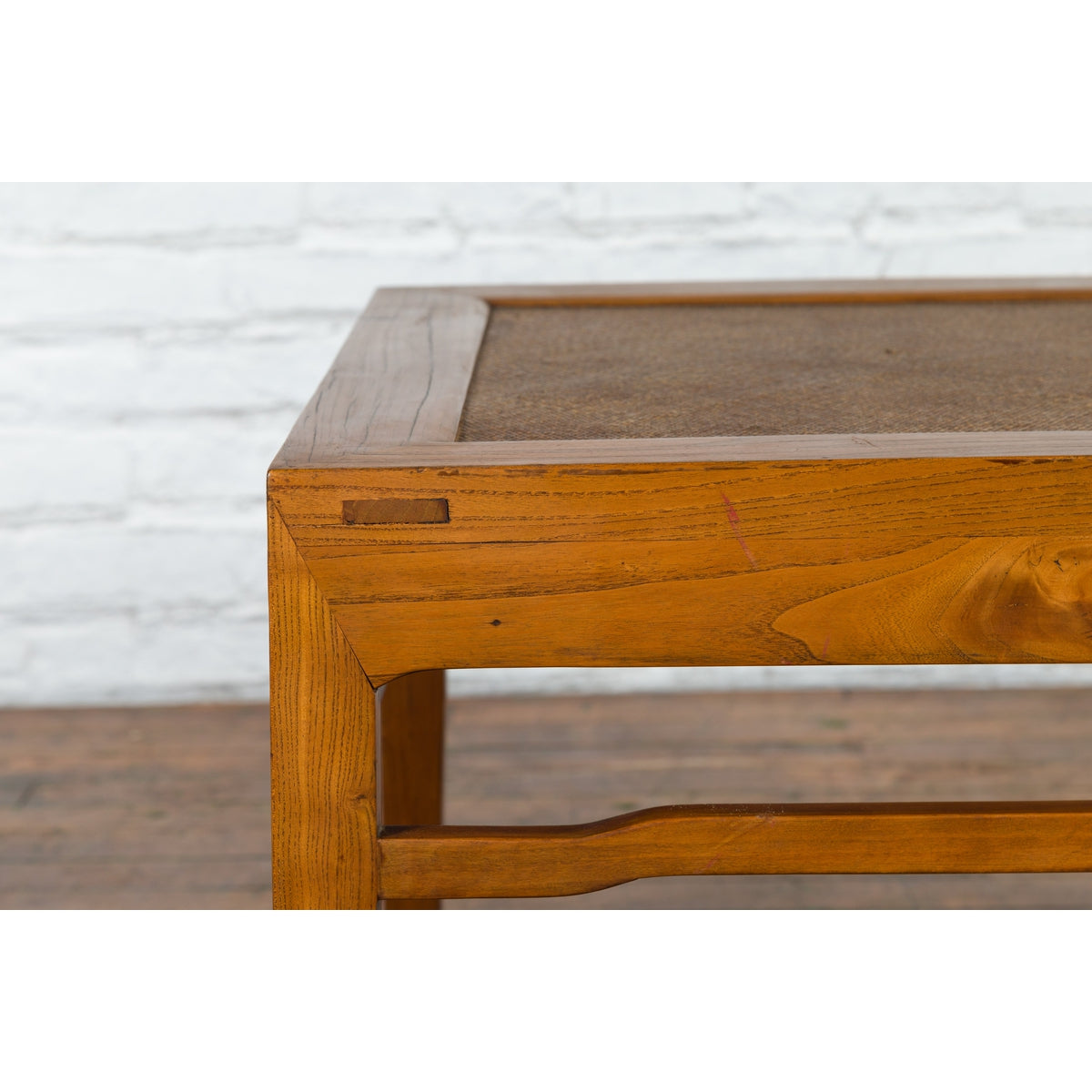 Qing Dynasty Elmwood Square Side Table with Rattan Top and Humpback Stretchers-5. Asian & Chinese Furniture, Art, Antiques, Vintage Home Décor for sale at FEA Home