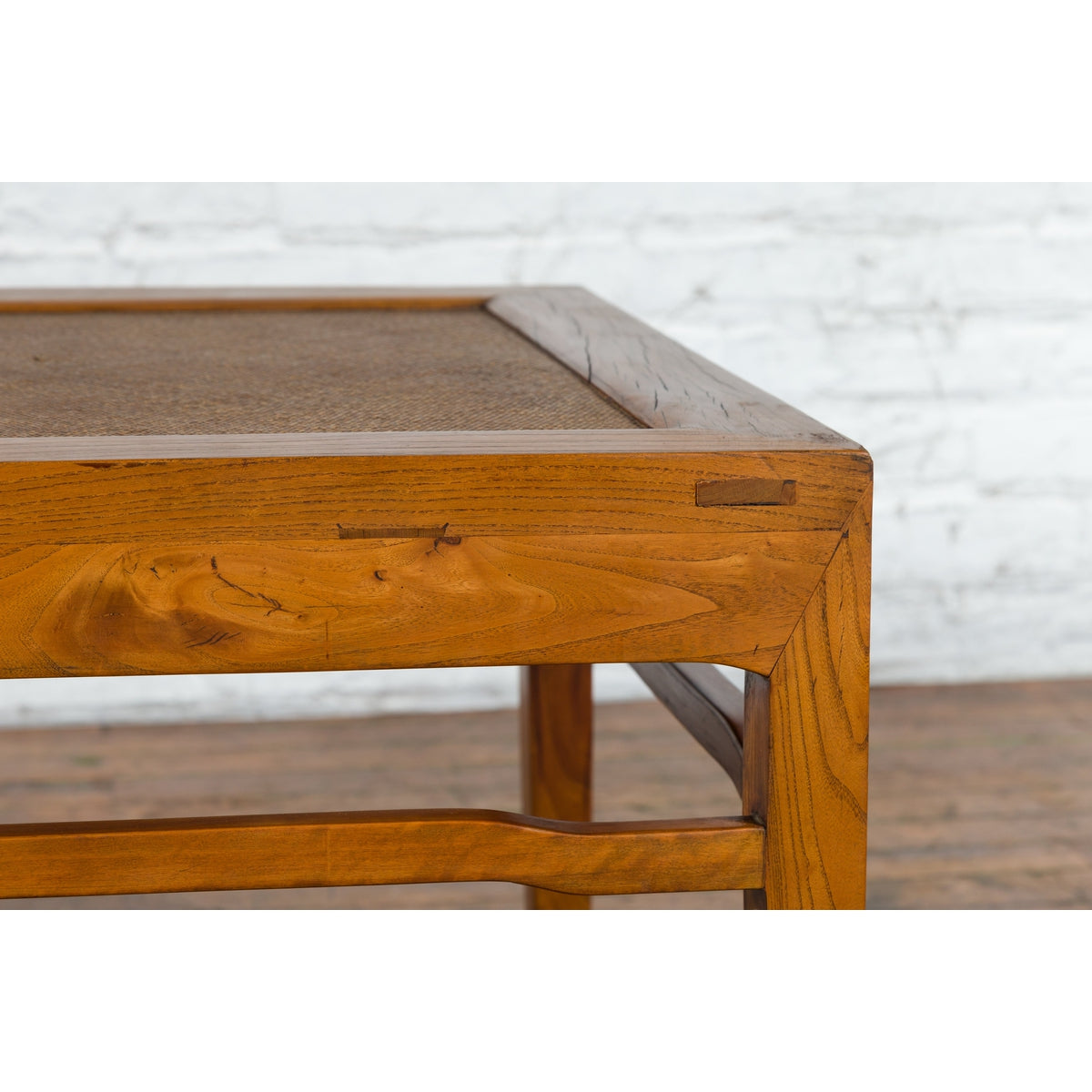 Qing Dynasty Elmwood Square Side Table with Rattan Top and Humpback Stretchers-6. Asian & Chinese Furniture, Art, Antiques, Vintage Home Décor for sale at FEA Home
