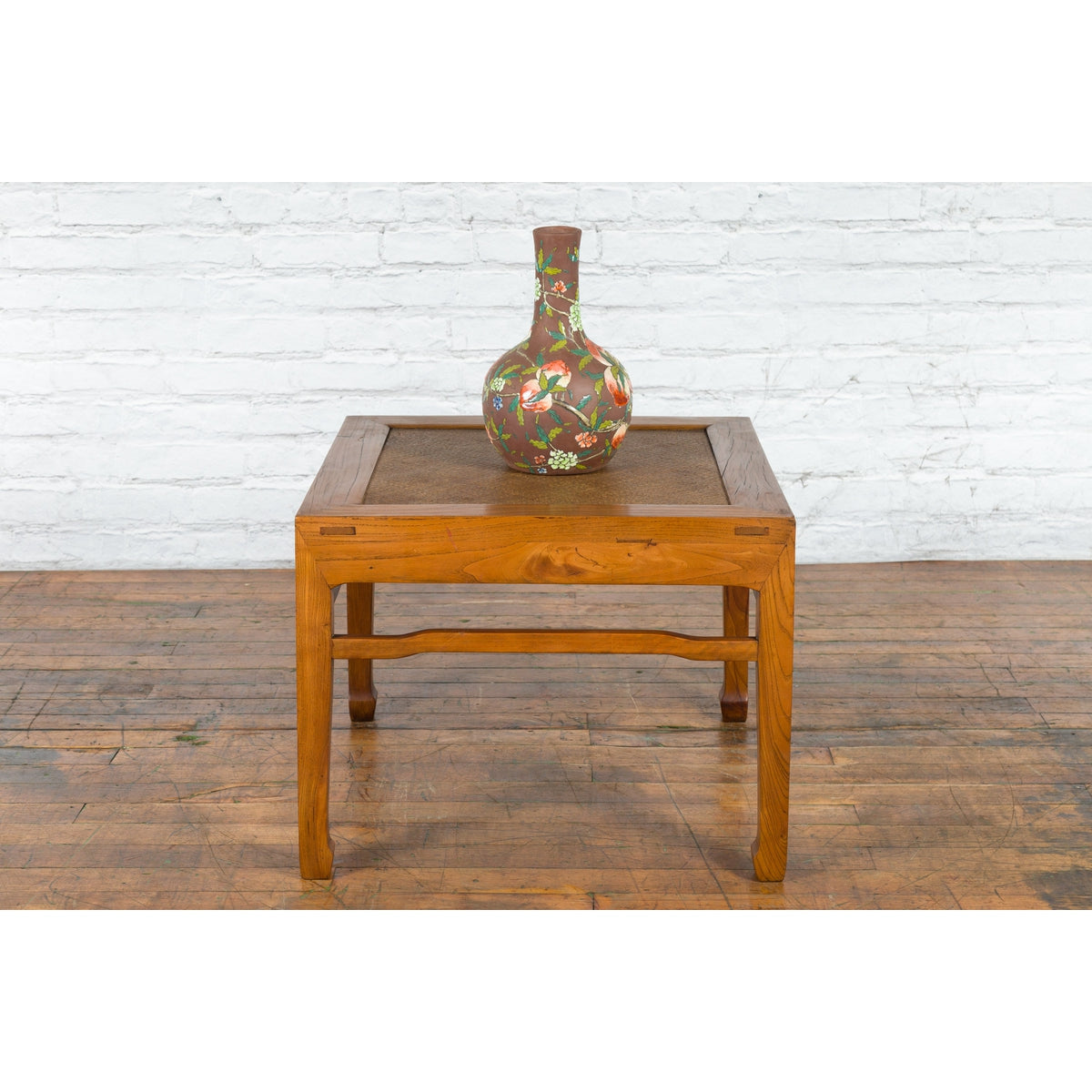 Qing Dynasty Elmwood Square Side Table with Rattan Top and Humpback Stretchers-9. Asian & Chinese Furniture, Art, Antiques, Vintage Home Décor for sale at FEA Home