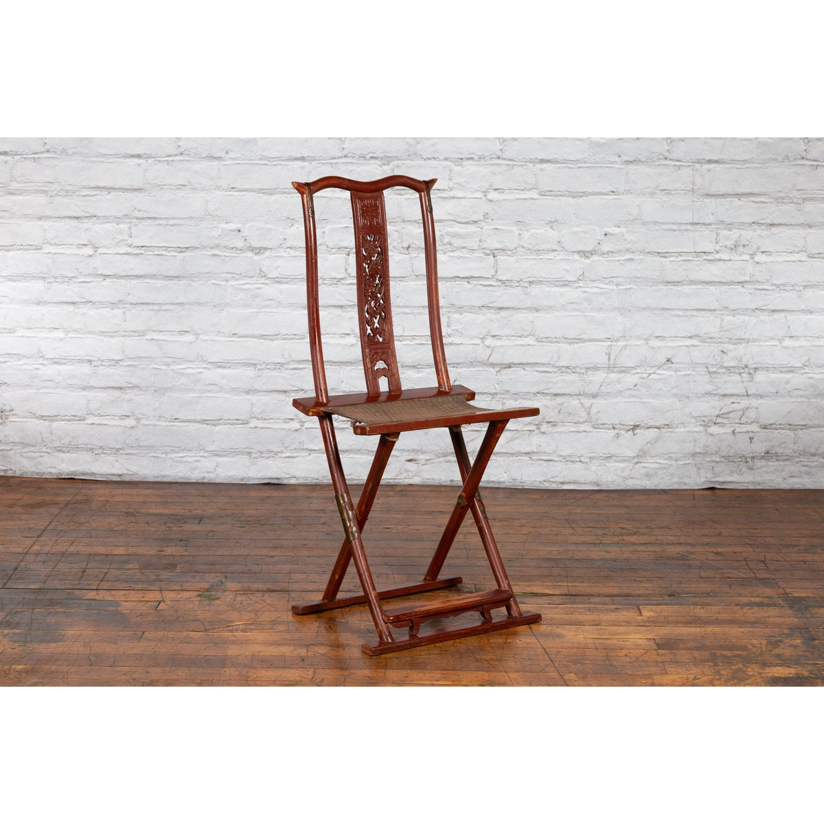 Qing Dynasty Red Lacquered Traveler's Folding Chair with Woven Seat-16. Asian & Chinese Furniture, Art, Antiques, Vintage Home Décor for sale at FEA Home