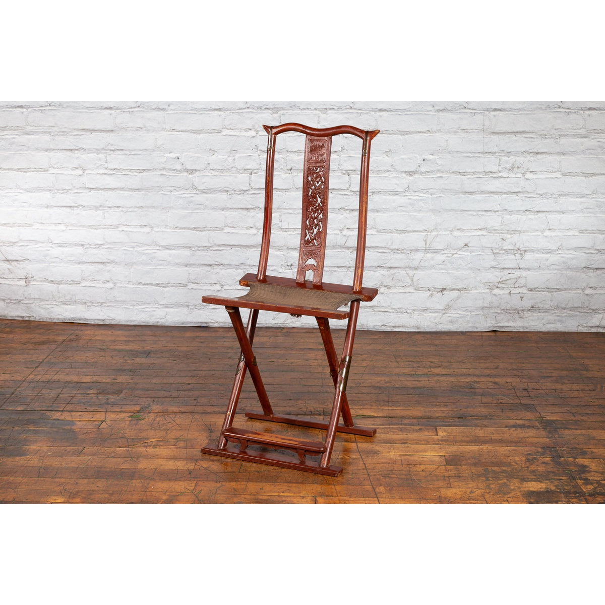 Qing Dynasty Red Lacquered Traveler's Folding Chair with Woven Seat-6. Asian & Chinese Furniture, Art, Antiques, Vintage Home Décor for sale at FEA Home