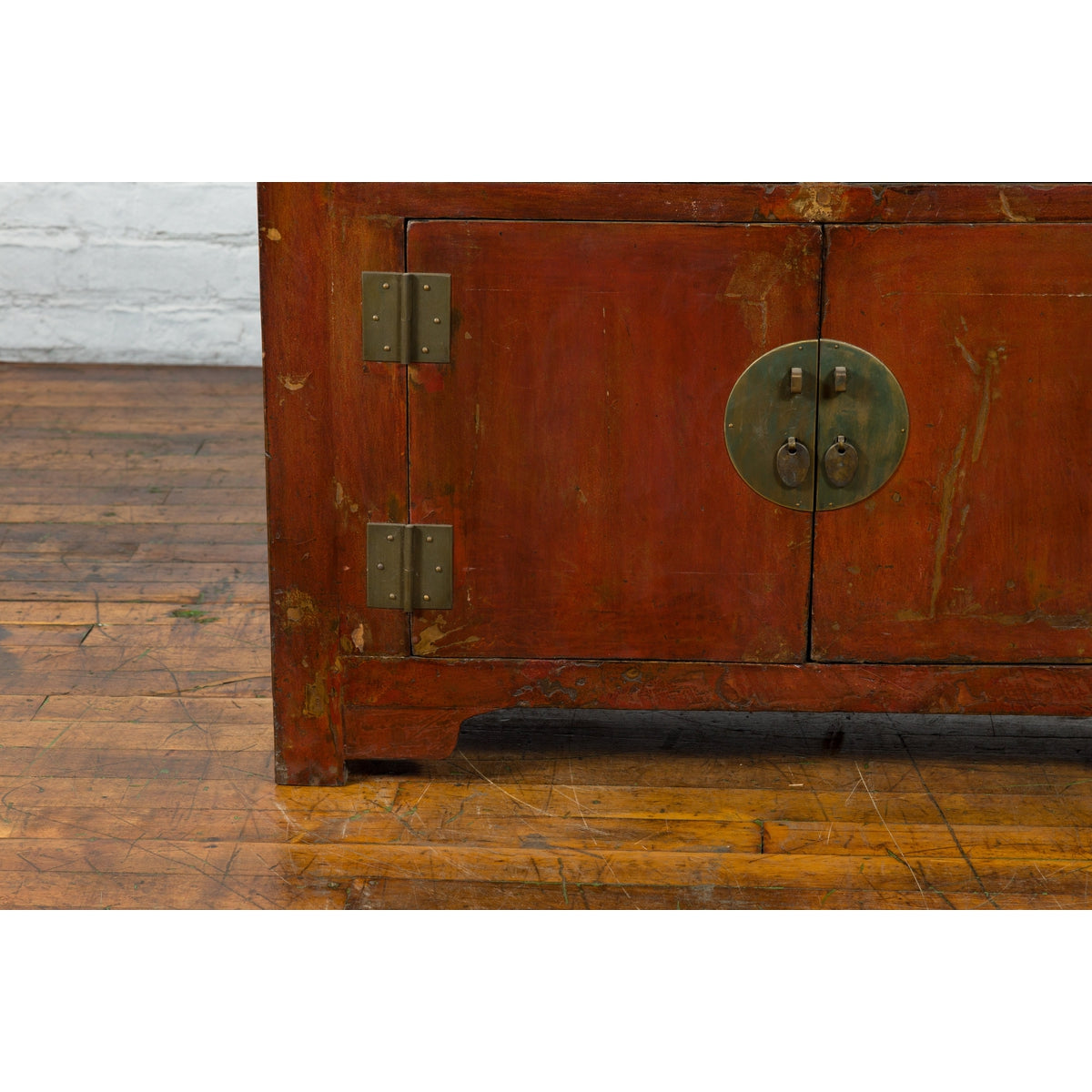 Qing Dynasty Red/Brown Side Cabinet with Hinged Doors Under Double Drawers-10. Asian & Chinese Furniture, Art, Antiques, Vintage Home Décor for sale at FEA Home