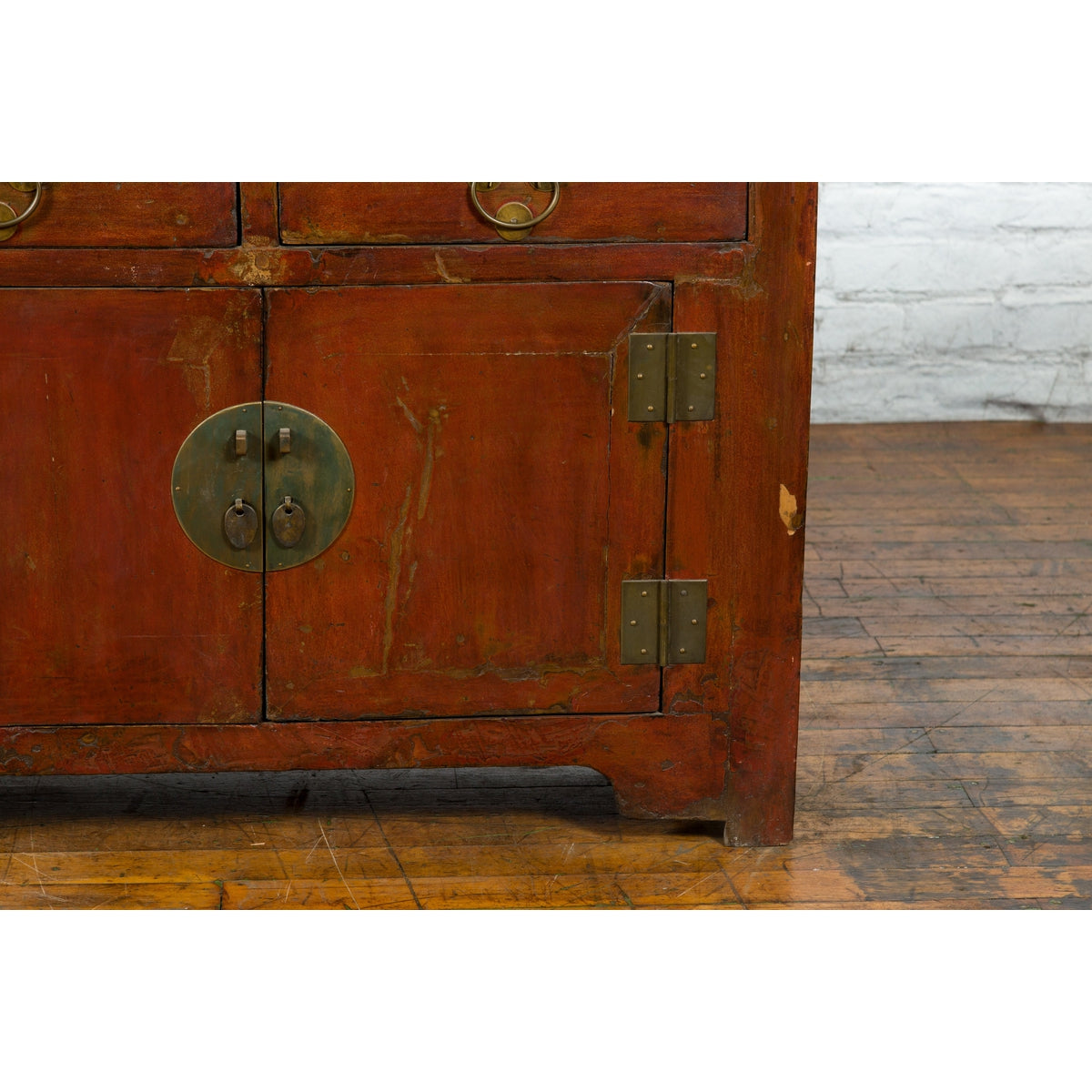 Qing Dynasty Red/Brown Side Cabinet with Hinged Doors Under Double Drawers-11. Asian & Chinese Furniture, Art, Antiques, Vintage Home Décor for sale at FEA Home