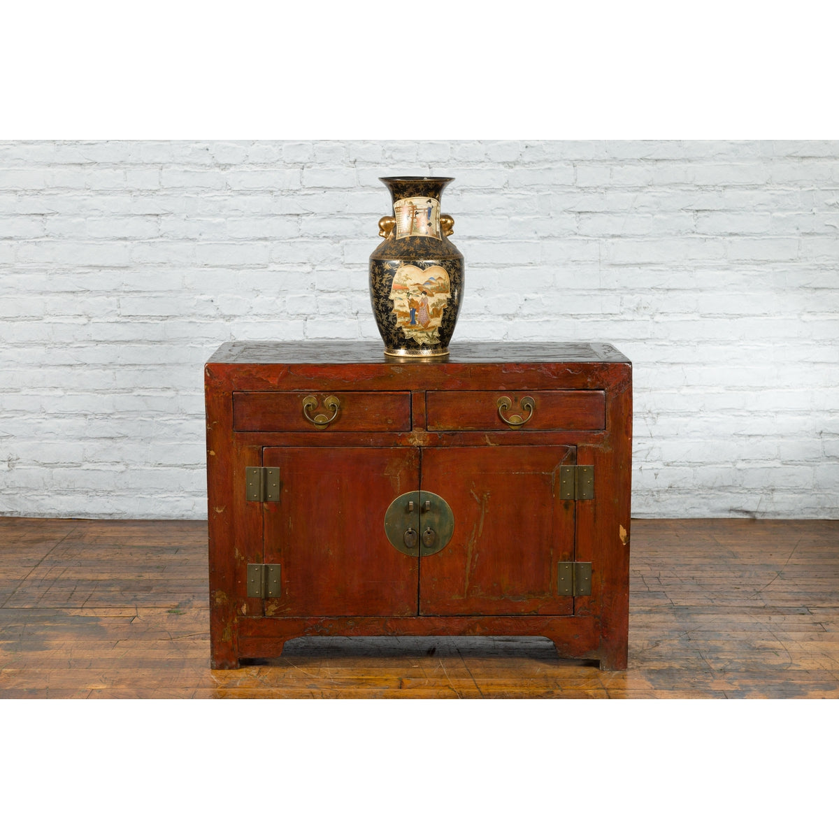 Qing Dynasty Red/Brown Side Cabinet with Hinged Doors Under Double Drawers-13. Asian & Chinese Furniture, Art, Antiques, Vintage Home Décor for sale at FEA Home