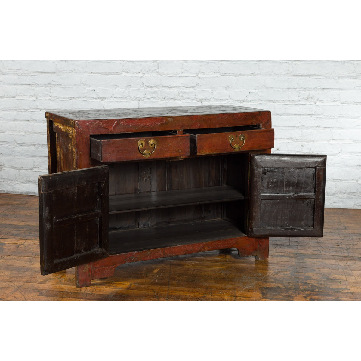Qing Dynasty Red/Brown Side Cabinet with Hinged Doors Under Double Drawers-15. Asian & Chinese Furniture, Art, Antiques, Vintage Home Décor for sale at FEA Home