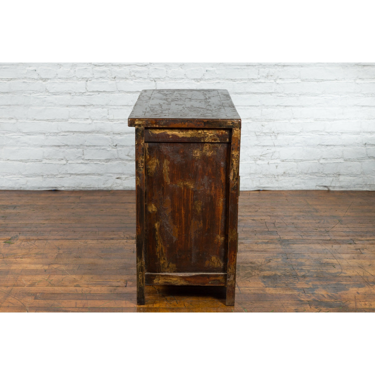 Qing Dynasty Red/Brown Side Cabinet with Hinged Doors Under Double Drawers-16. Asian & Chinese Furniture, Art, Antiques, Vintage Home Décor for sale at FEA Home