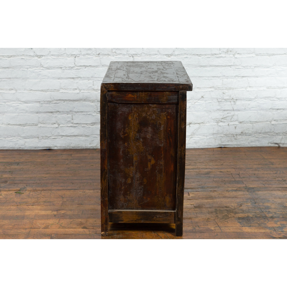 Qing Dynasty Red/Brown Side Cabinet with Hinged Doors Under Double Drawers-18. Asian & Chinese Furniture, Art, Antiques, Vintage Home Décor for sale at FEA Home