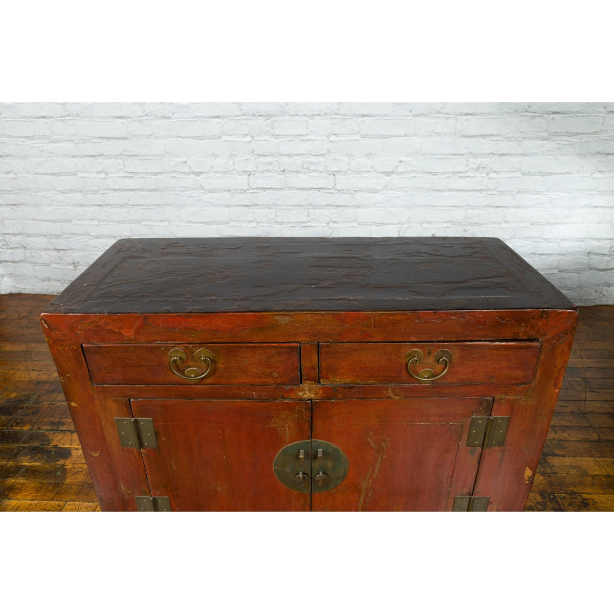 Qing Dynasty Red/Brown Side Cabinet with Hinged Doors Under Double Drawers-19. Asian & Chinese Furniture, Art, Antiques, Vintage Home Décor for sale at FEA Home