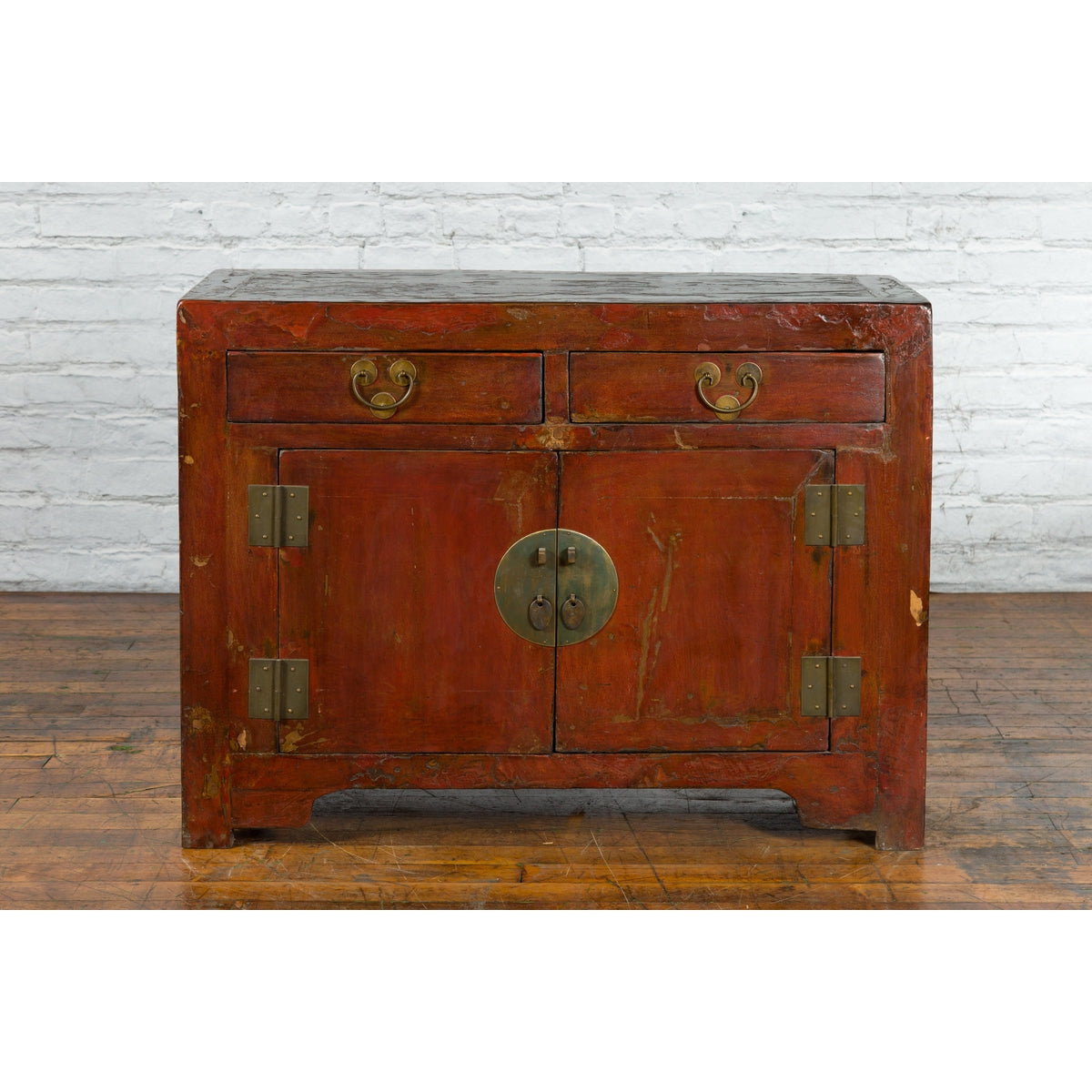 Qing Dynasty Red/Brown Side Cabinet with Hinged Doors Under Double Drawers-2. Asian & Chinese Furniture, Art, Antiques, Vintage Home Décor for sale at FEA Home