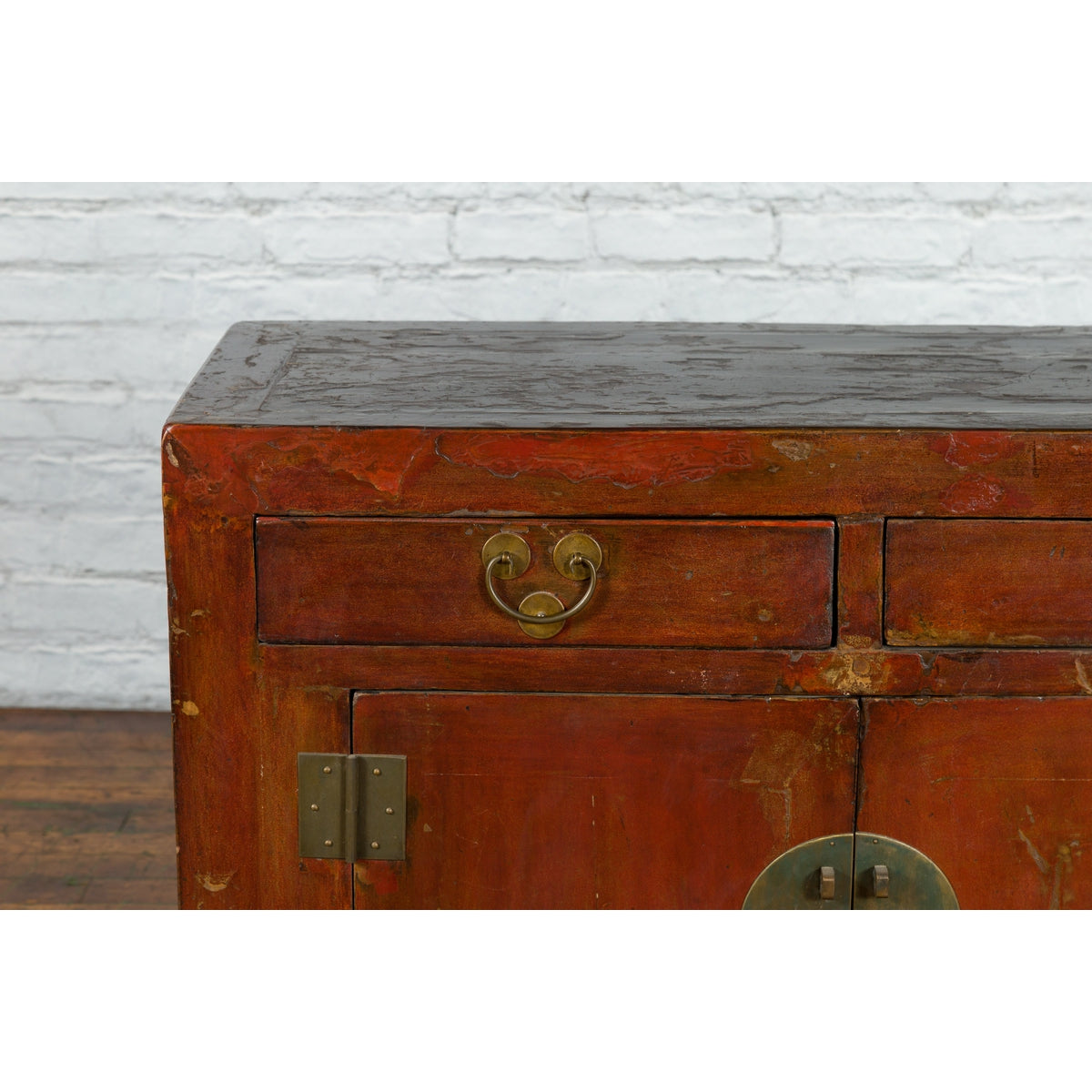 Qing Dynasty Red/Brown Side Cabinet with Hinged Doors Under Double Drawers-3. Asian & Chinese Furniture, Art, Antiques, Vintage Home Décor for sale at FEA Home