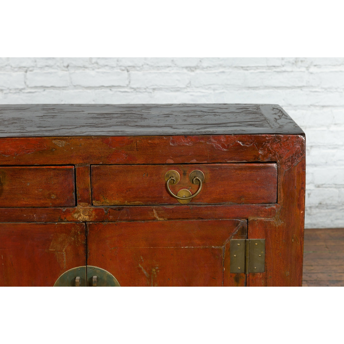 Qing Dynasty Red/Brown Side Cabinet with Hinged Doors Under Double Drawers-4. Asian & Chinese Furniture, Art, Antiques, Vintage Home Décor for sale at FEA Home