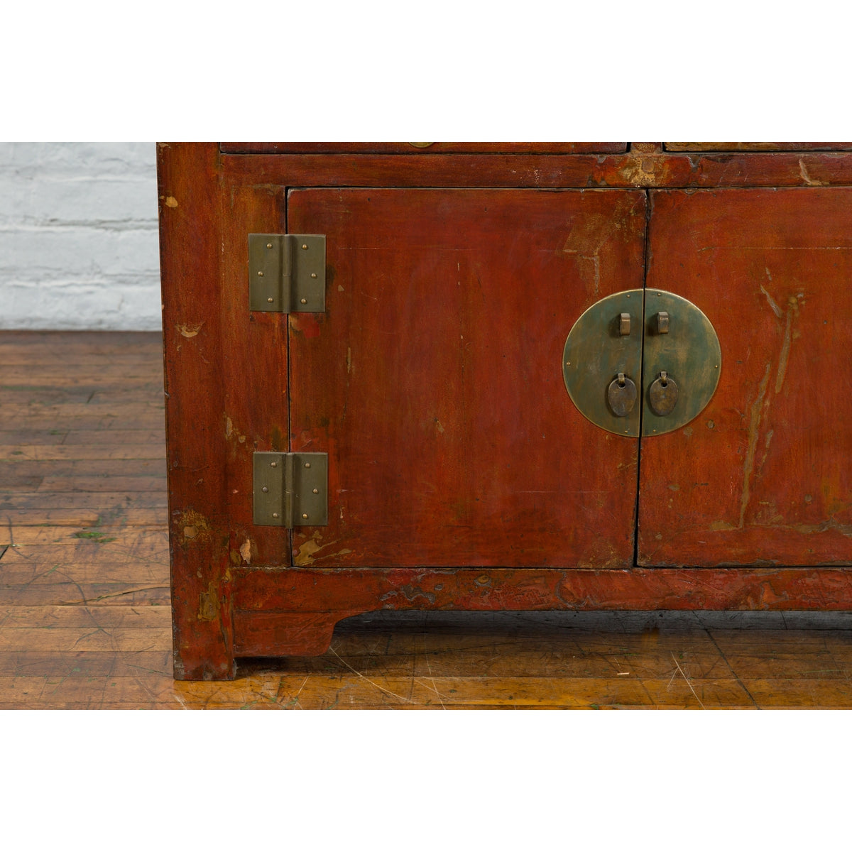 Qing Dynasty Red/Brown Side Cabinet with Hinged Doors Under Double Drawers-5. Asian & Chinese Furniture, Art, Antiques, Vintage Home Décor for sale at FEA Home
