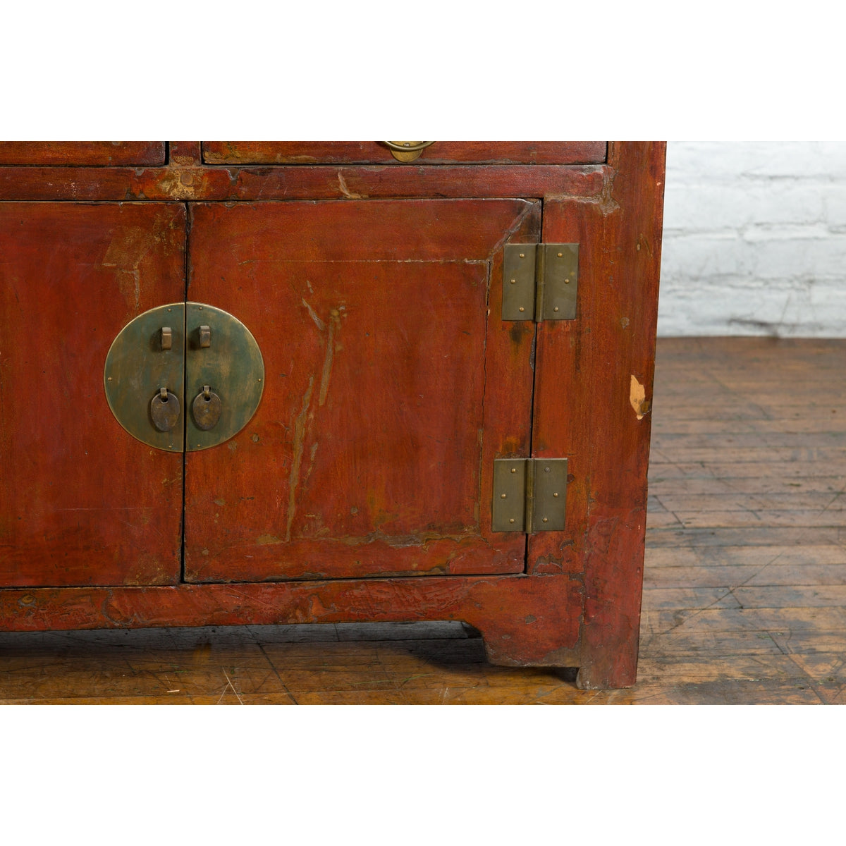 Qing Dynasty Red/Brown Side Cabinet with Hinged Doors Under Double Drawers-6. Asian & Chinese Furniture, Art, Antiques, Vintage Home Décor for sale at FEA Home