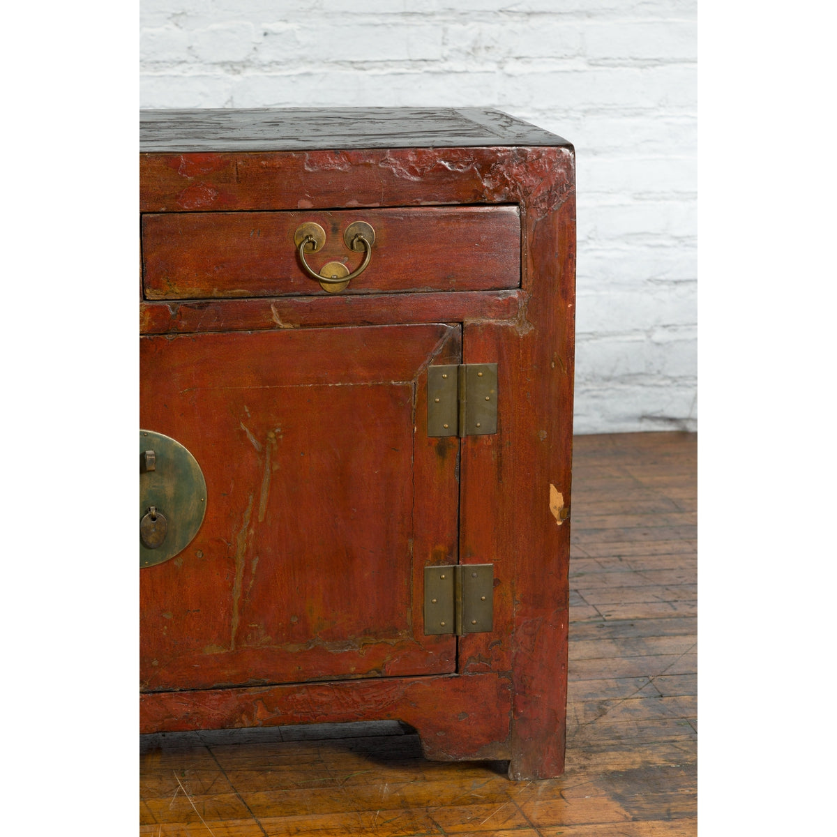 Qing Dynasty Red/Brown Side Cabinet with Hinged Doors Under Double Drawers-8. Asian & Chinese Furniture, Art, Antiques, Vintage Home Décor for sale at FEA Home