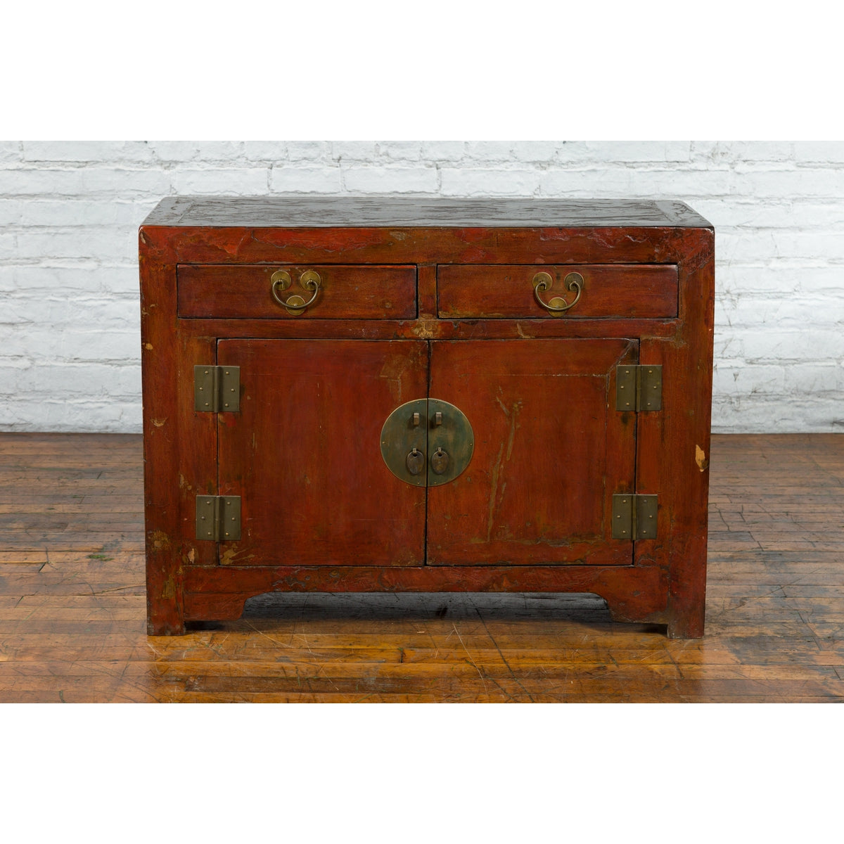 Qing Dynasty Red/Brown Side Cabinet with Hinged Doors Under Double Drawers-9. Asian & Chinese Furniture, Art, Antiques, Vintage Home Décor for sale at FEA Home