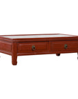 Qing Dynasty Red Lacquer Low Kang Coffee Table with Drawers and Horse Hoof Feet-1. Asian & Chinese Furniture, Art, Antiques, Vintage Home Décor for sale at FEA Home