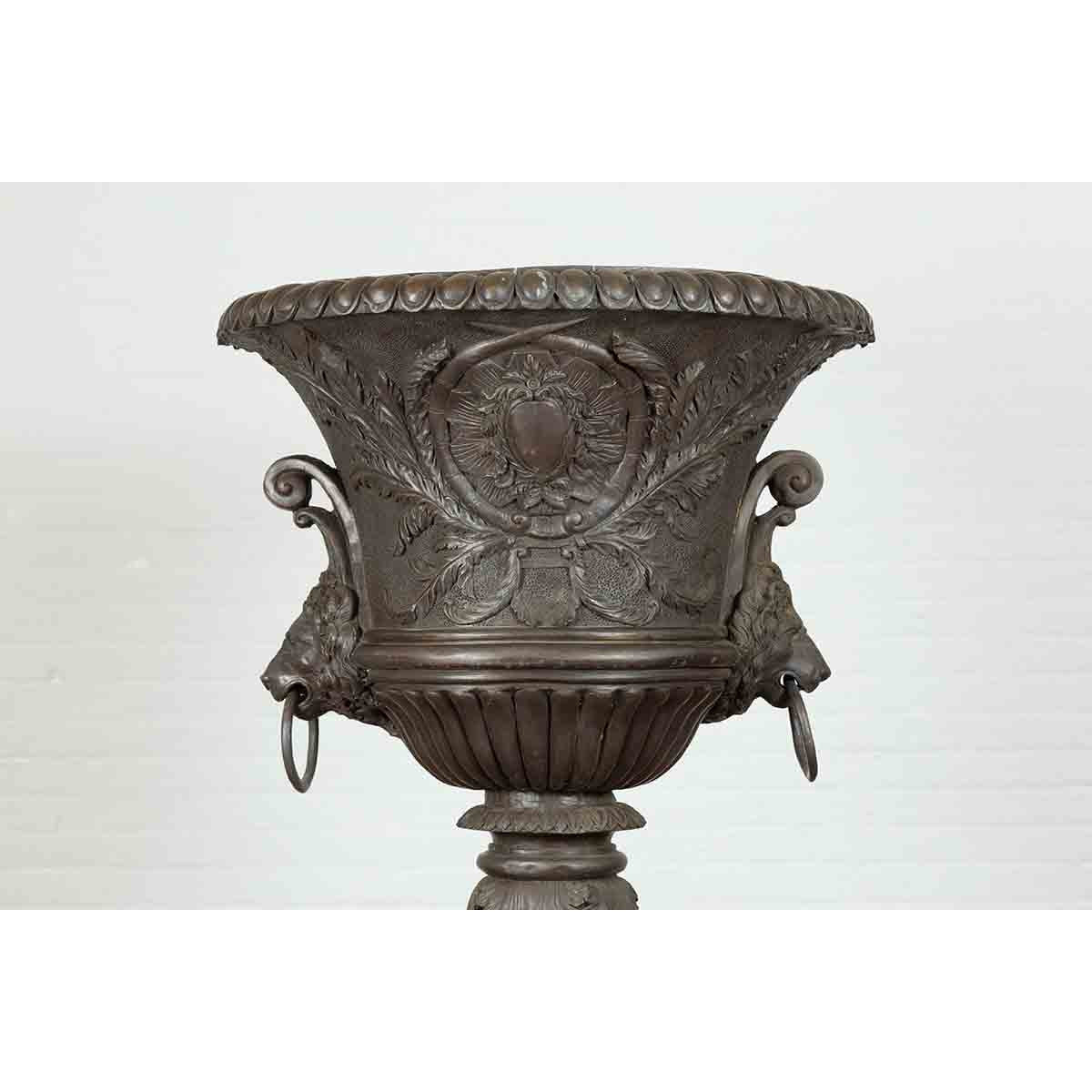 Large Contemporary Cast Bronze Krater Urn on Pedestal with Mythological Figures-6. Asian & Chinese Furniture, Art, Antiques, Vintage Home Décor for sale at FEA Home