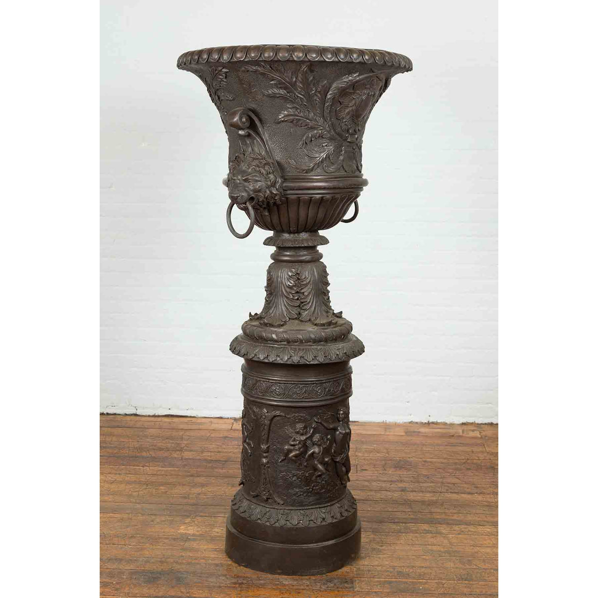 Large Contemporary Cast Bronze Krater Urn on Pedestal with Mythological Figures-4. Asian & Chinese Furniture, Art, Antiques, Vintage Home Décor for sale at FEA Home