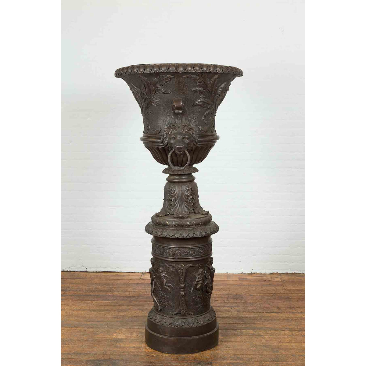 Large Contemporary Cast Bronze Krater Urn on Pedestal with Mythological Figures-5. Asian & Chinese Furniture, Art, Antiques, Vintage Home Décor for sale at FEA Home