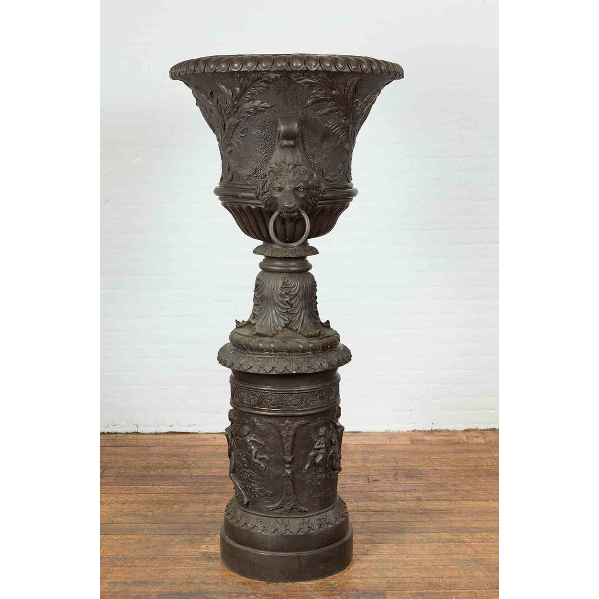Large Contemporary Cast Bronze Krater Urn on Pedestal with Mythological Figures-3. Asian & Chinese Furniture, Art, Antiques, Vintage Home Décor for sale at FEA Home