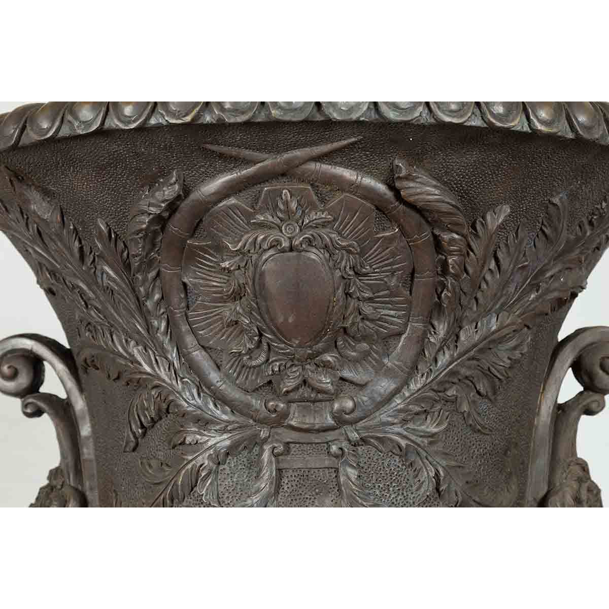 Large Contemporary Cast Bronze Krater Urn on Pedestal with Mythological Figures-7. Asian & Chinese Furniture, Art, Antiques, Vintage Home Décor for sale at FEA Home