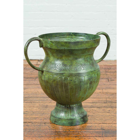 Contemporary Classical Style Urn with Verde Patina, Large Handles and Gadroons-YN7539-9. Asian & Chinese Furniture, Art, Antiques, Vintage Home Décor for sale at FEA Home