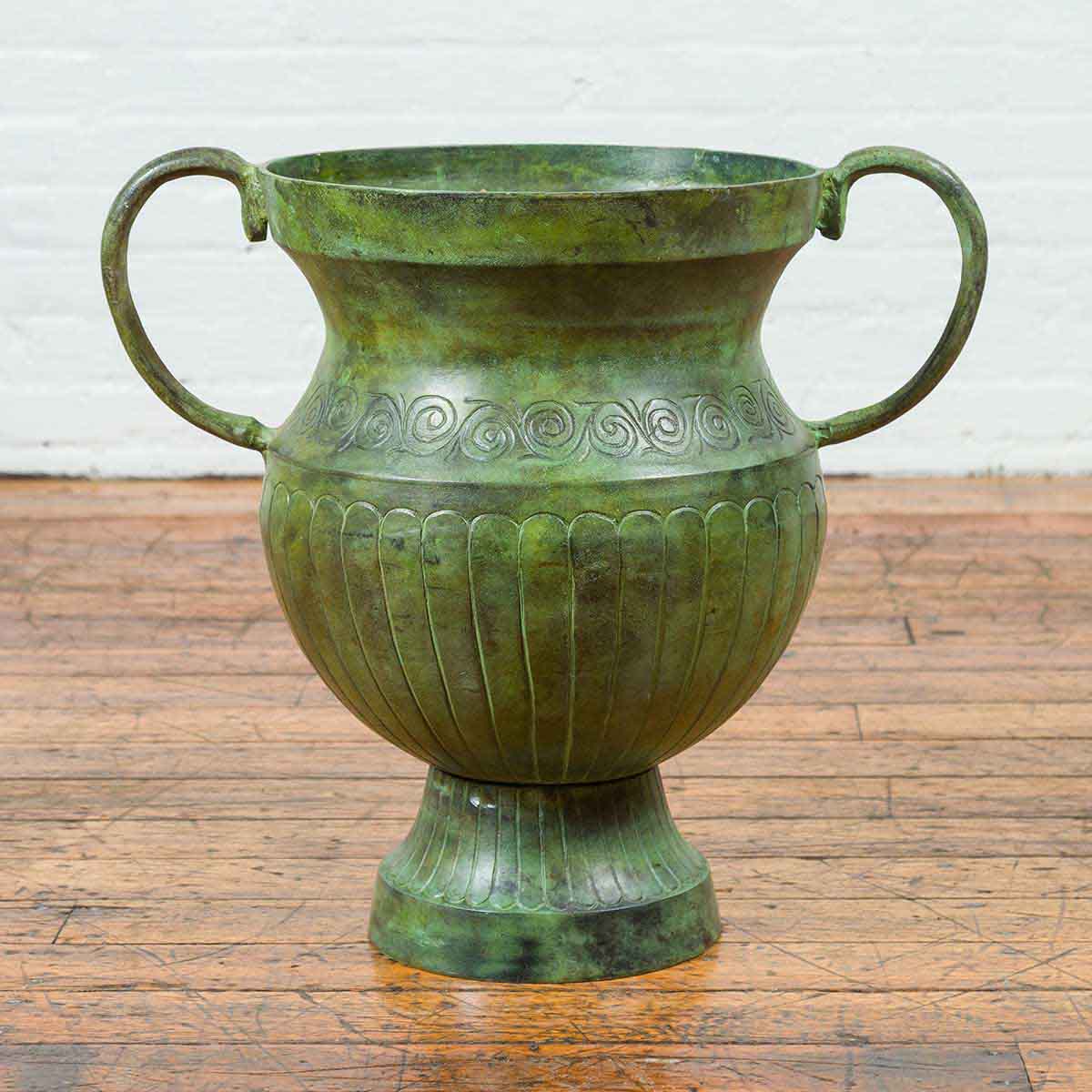 Contemporary Classical Style Urn with Verde Patina, Large Handles and Gadroons-2. Asian & Chinese Furniture, Art, Antiques, Vintage Home Décor for sale at FEA Home