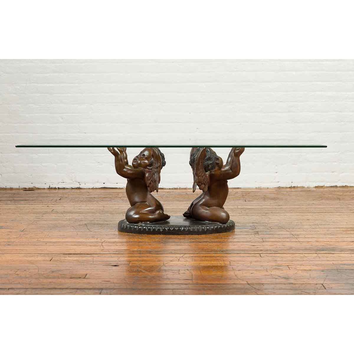 Bronze Looking to the Heavens Double Cherub Coffee Table Base with Dark Patina-4. Asian & Chinese Furniture, Art, Antiques, Vintage Home Décor for sale at FEA Home