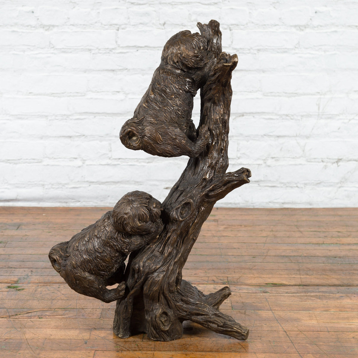 Contemporary Lost Wax Bronze Sculpted Group of Two Dogs Climbing Up a Tree-2. Asian & Chinese Furniture, Art, Antiques, Vintage Home Décor for sale at FEA Home