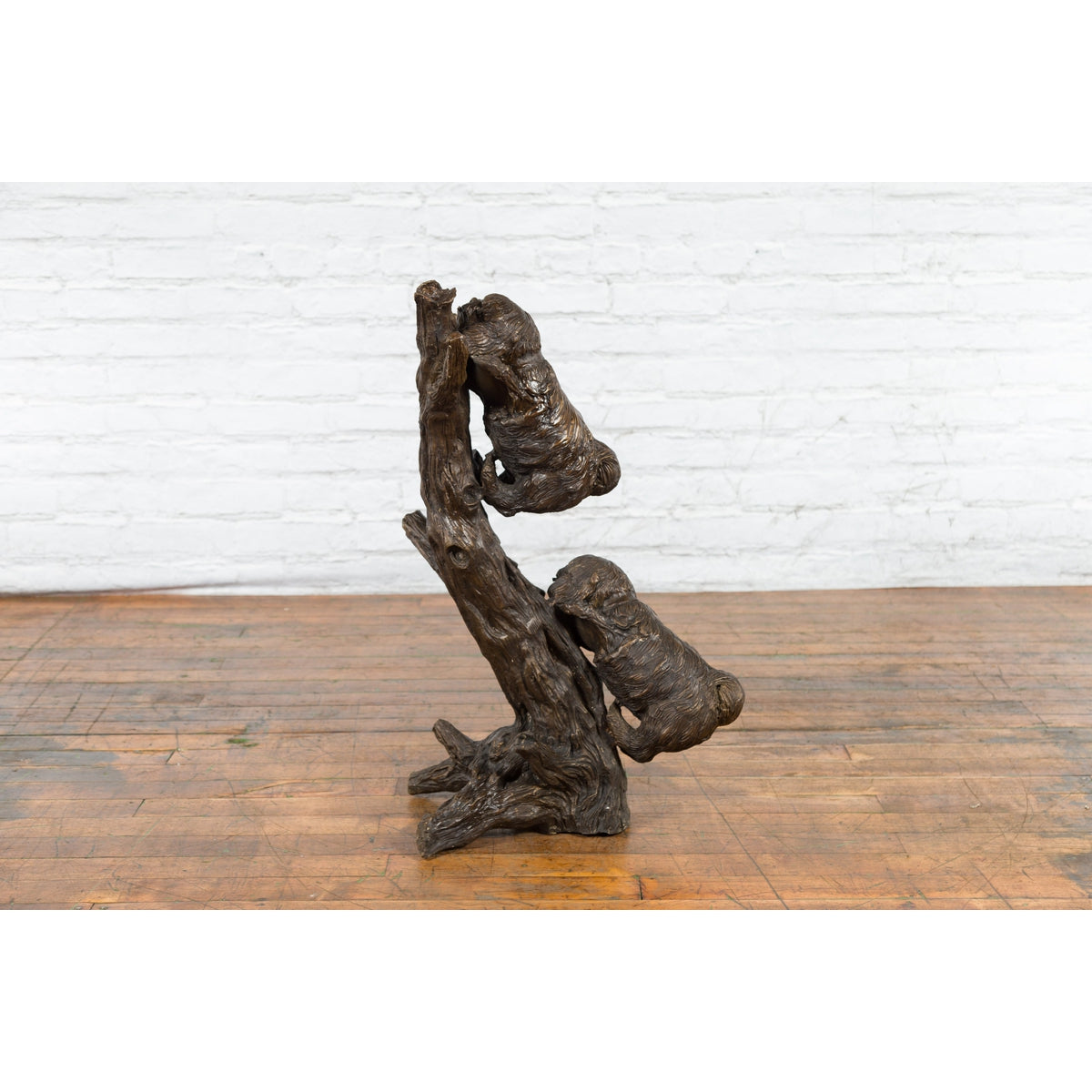 Contemporary Lost Wax Bronze Sculpted Group of Two Dogs Climbing Up a Tree-9. Asian & Chinese Furniture, Art, Antiques, Vintage Home Décor for sale at FEA Home