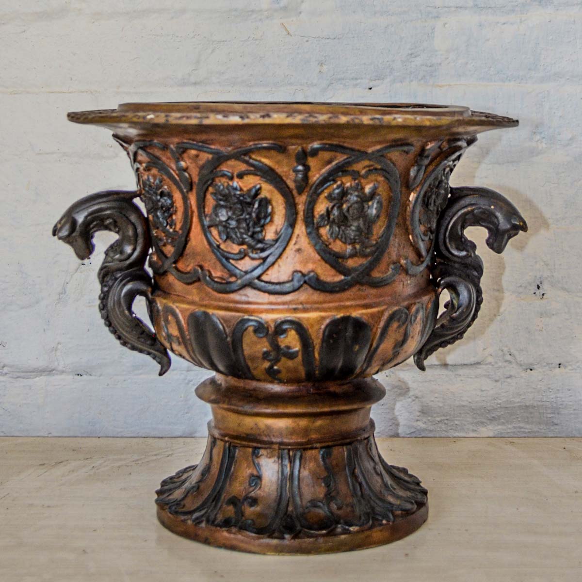 Greco-Roman Inspired Urn/ Planter with Serpent Handles and 2-Tone Bronze Patina-2. Asian & Chinese Furniture, Art, Antiques, Vintage Home Décor for sale at FEA Home