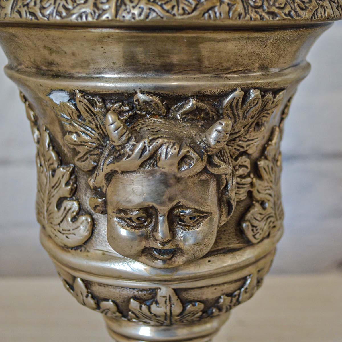 Small Greco-Roman Urn with Cherub Faces and Palmettos in Silver Patina-2. Asian & Chinese Furniture, Art, Antiques, Vintage Home Décor for sale at FEA Home