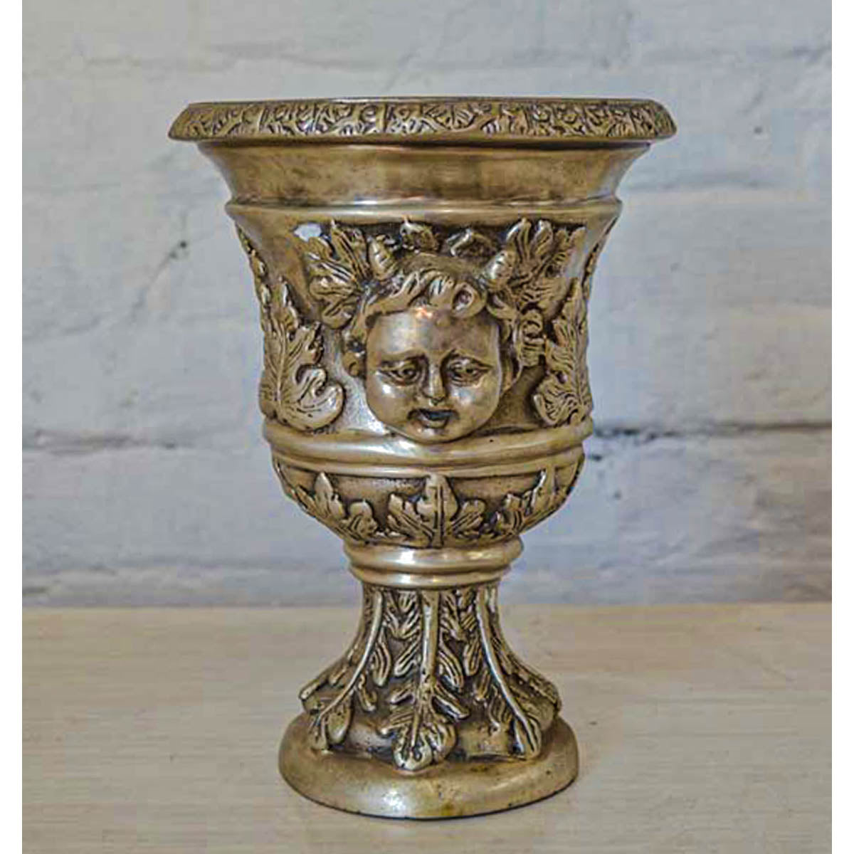 Small Greco-Roman Urn with Cherub Faces and Palmettos in Silver Patina-3. Asian & Chinese Furniture, Art, Antiques, Vintage Home Décor for sale at FEA Home