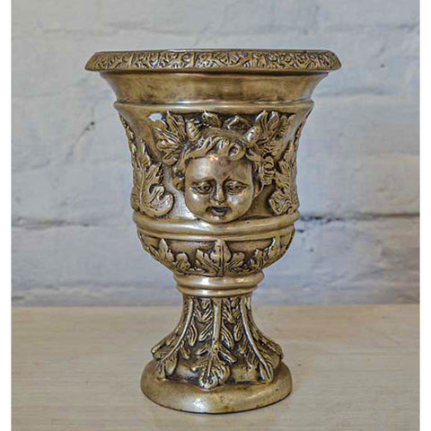 Small Greco-Roman Urn with Cherub Faces and Palmettos in Silver Patina-YN7536-3. Asian & Chinese Furniture, Art, Antiques, Vintage Home Décor for sale at FEA Home