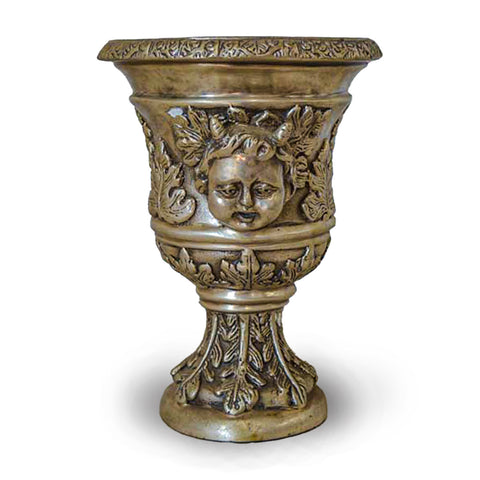 Small Greco-Roman Urn with Cherub Faces and Palmettos in Silver Patina-YN7536-1. Asian & Chinese Furniture, Art, Antiques, Vintage Home Décor for sale at FEA Home