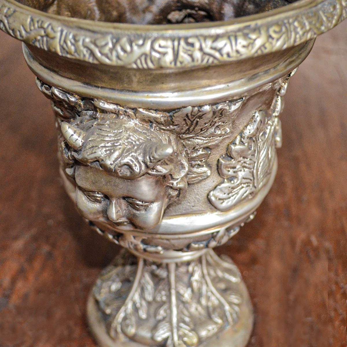 Small Greco-Roman Urn with Cherub Faces and Palmettos in Silver Patina-4. Asian & Chinese Furniture, Art, Antiques, Vintage Home Décor for sale at FEA Home