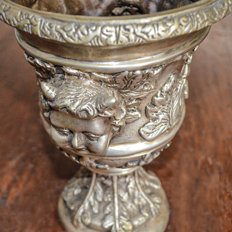 Small Greco-Roman Urn with Cherub Faces and Palmettos in Silver Patina-YN7536-4. Asian & Chinese Furniture, Art, Antiques, Vintage Home Décor for sale at FEA Home