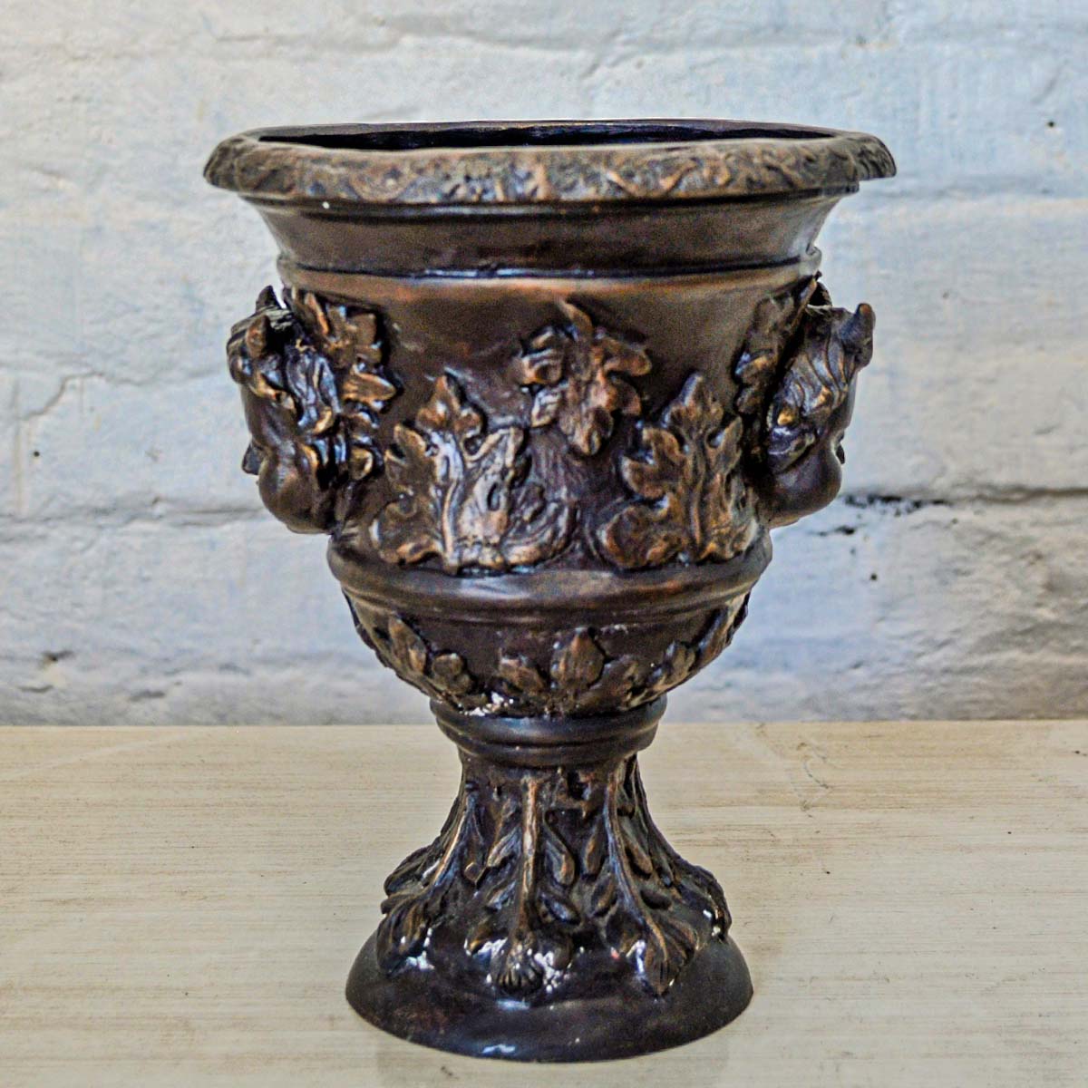 Small Greco-Roman Urn with Cherub Faces and Palmettos in Bronze Patina-2. Asian & Chinese Furniture, Art, Antiques, Vintage Home Décor for sale at FEA Home