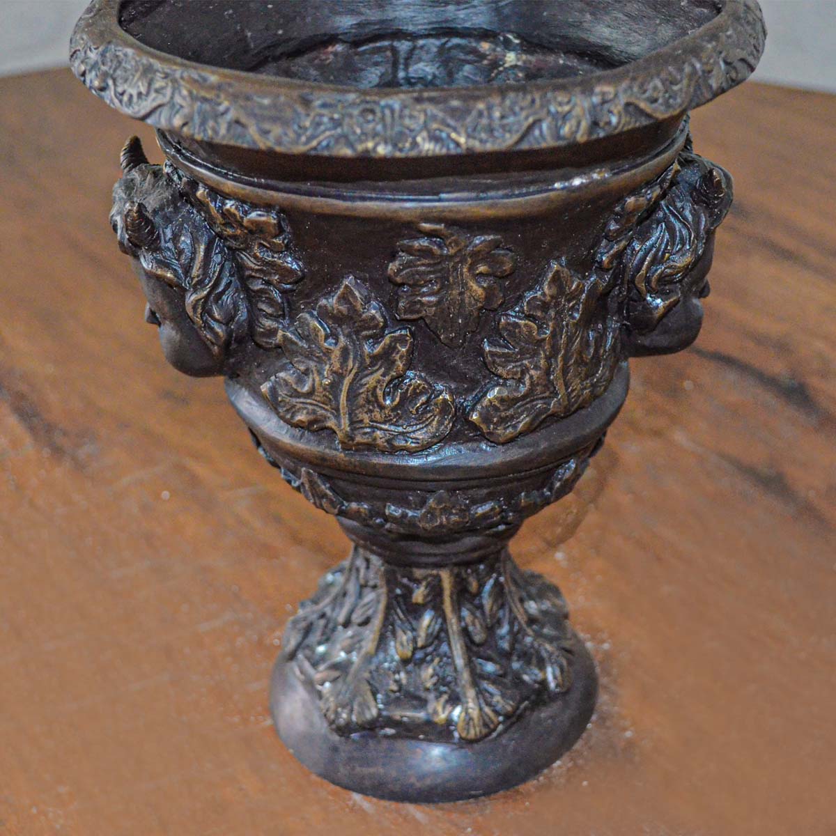 Small Greco-Roman Urn with Cherub Faces and Palmettos in Bronze Patina-3. Asian & Chinese Furniture, Art, Antiques, Vintage Home Décor for sale at FEA Home