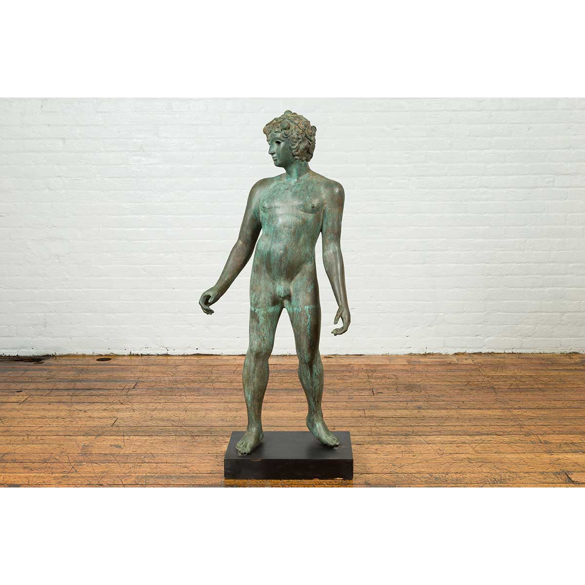 Greco Roman Style Vintage Verde Bronze Statue of a Male Nude with Grapes in Hair-9. Asian & Chinese Furniture, Art, Antiques, Vintage Home Décor for sale at FEA Home