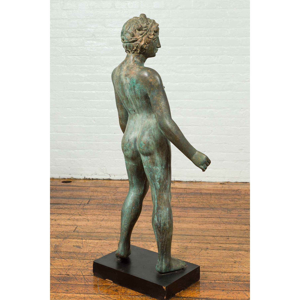 Greco Roman Style Vintage Verde Bronze Statue of a Male Nude with Grapes in Hair-6. Asian & Chinese Furniture, Art, Antiques, Vintage Home Décor for sale at FEA Home