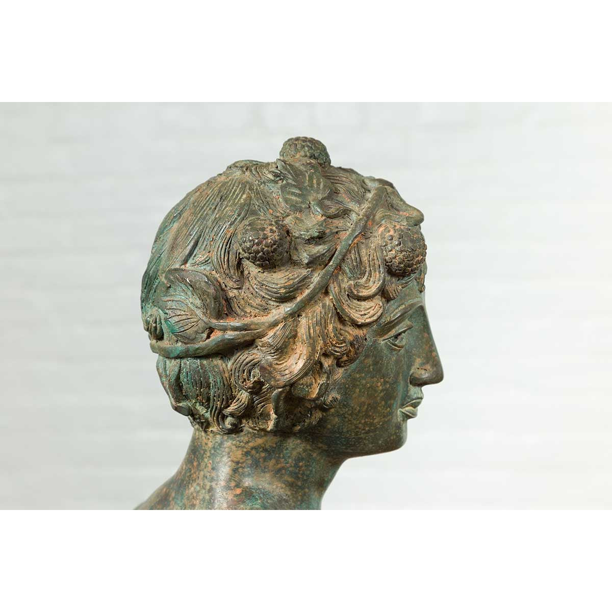 Greco Roman Style Vintage Verde Bronze Statue of a Male Nude with Grapes in Hair-15. Asian & Chinese Furniture, Art, Antiques, Vintage Home Décor for sale at FEA Home
