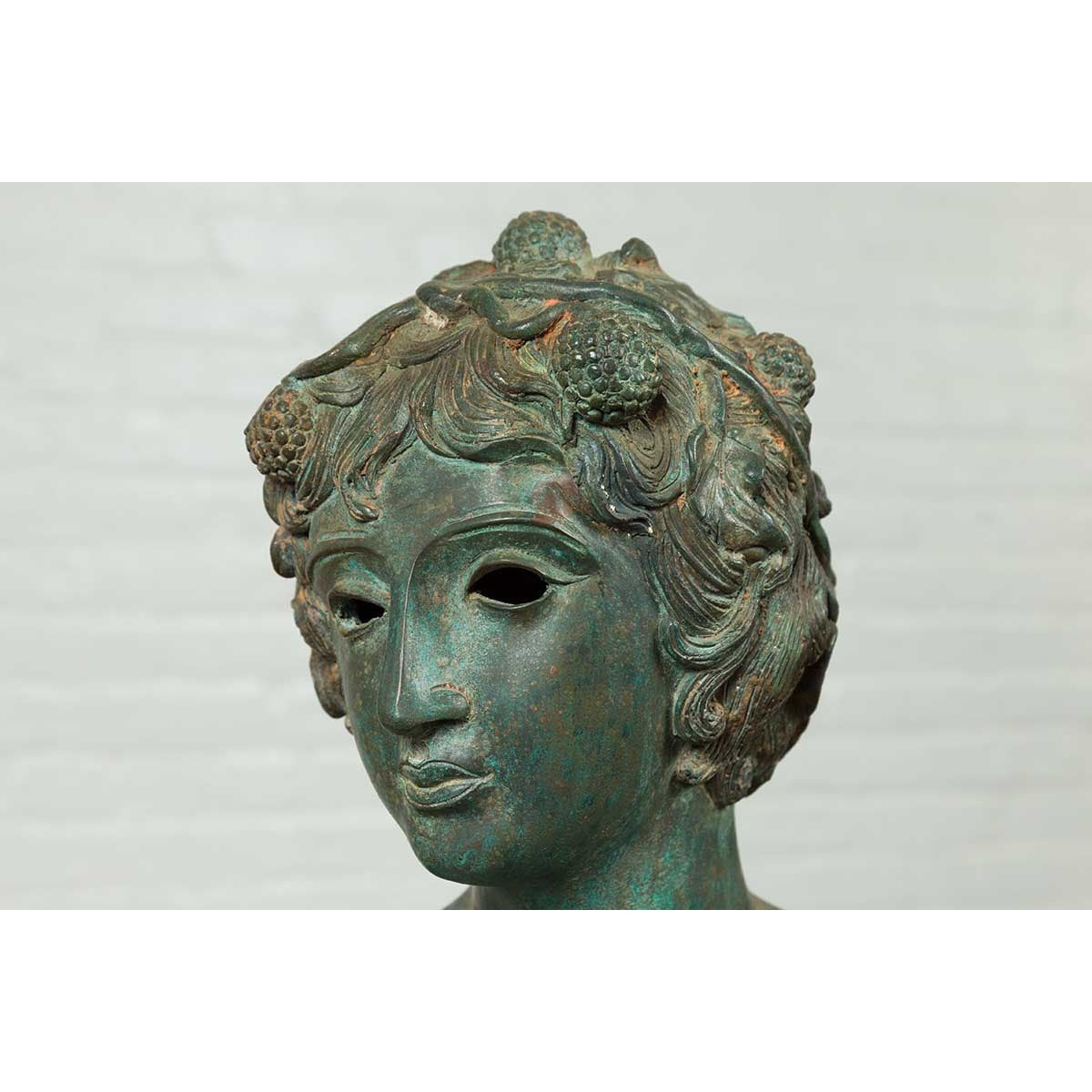 Greco Roman Style Vintage Verde Bronze Statue of a Male Nude with Grapes in Hair-10. Asian & Chinese Furniture, Art, Antiques, Vintage Home Décor for sale at FEA Home