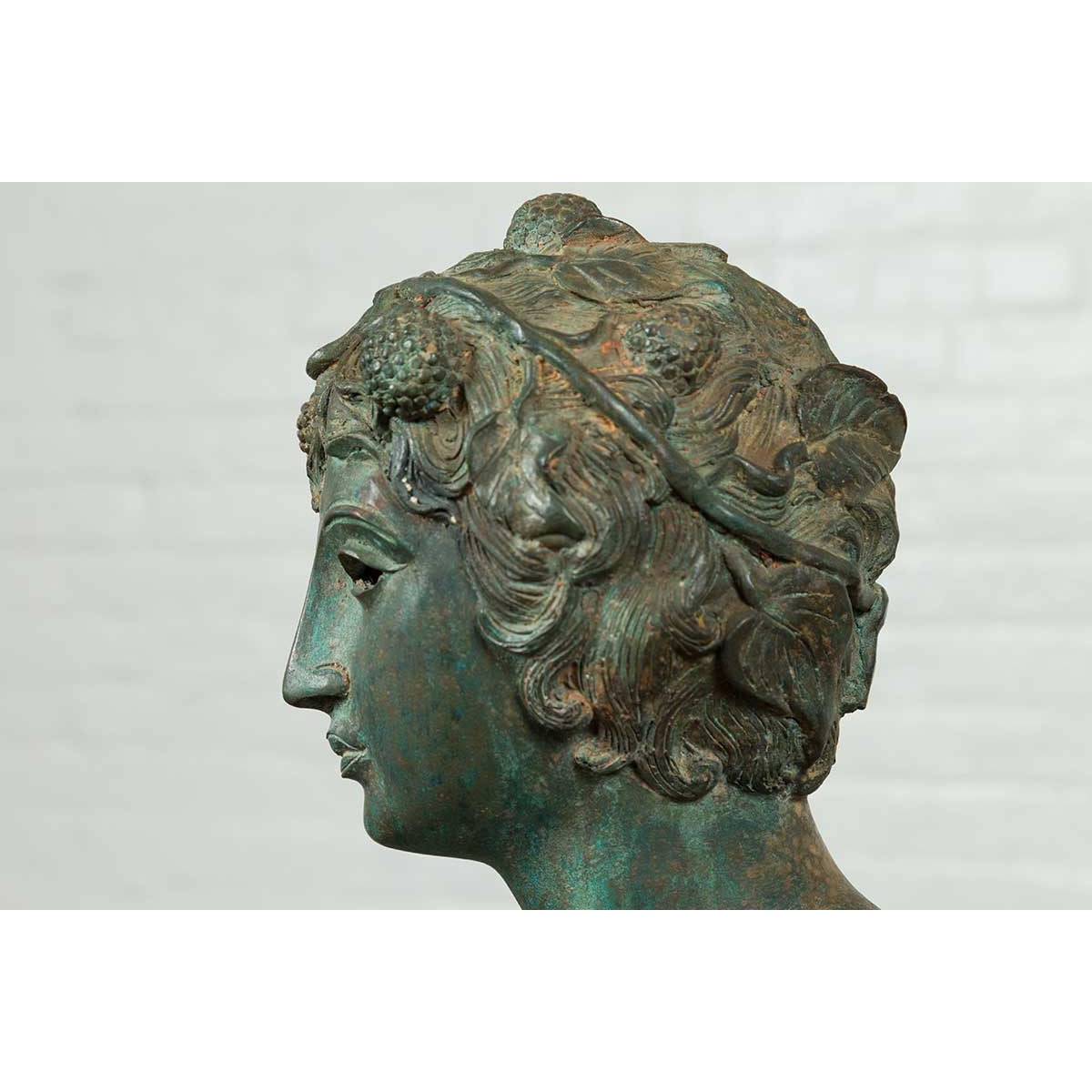 Greco Roman Style Vintage Verde Bronze Statue of a Male Nude with Grapes in Hair-12. Asian & Chinese Furniture, Art, Antiques, Vintage Home Décor for sale at FEA Home