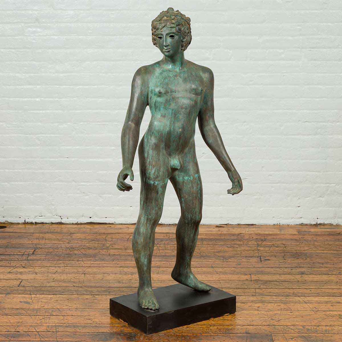 Greco Roman Style Vintage Verde Bronze Statue of a Male Nude with Grapes in Hair-2. Asian & Chinese Furniture, Art, Antiques, Vintage Home Décor for sale at FEA Home