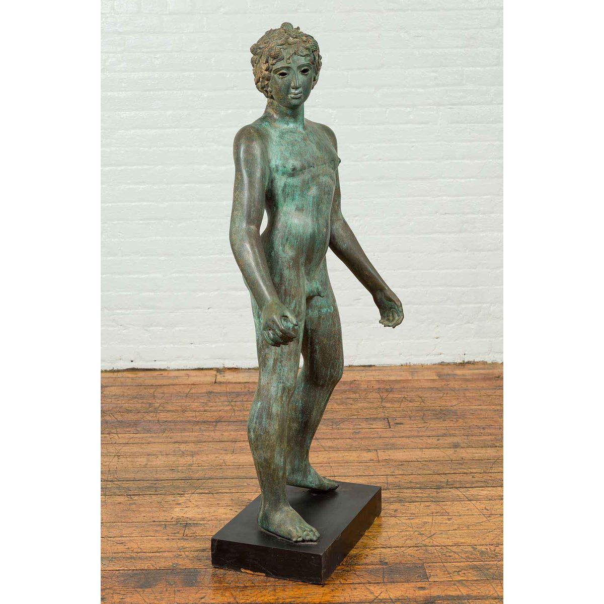 Greco Roman Style Vintage Verde Bronze Statue of a Male Nude with Grapes in Hair-3. Asian & Chinese Furniture, Art, Antiques, Vintage Home Décor for sale at FEA Home