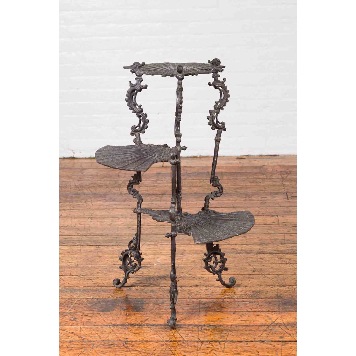 Contemporary Bronze Display Stand with Fan Shelves and Rococo Style Scrolls-3. Asian & Chinese Furniture, Art, Antiques, Vintage Home Décor for sale at FEA Home
