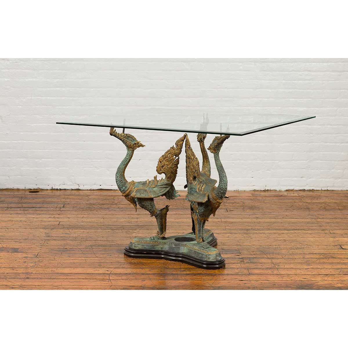 Bronze Contemporary Triple Dragon Table Base with Verde Patina and Gilt Accents-5. Asian & Chinese Furniture, Art, Antiques, Vintage Home Décor for sale at FEA Home