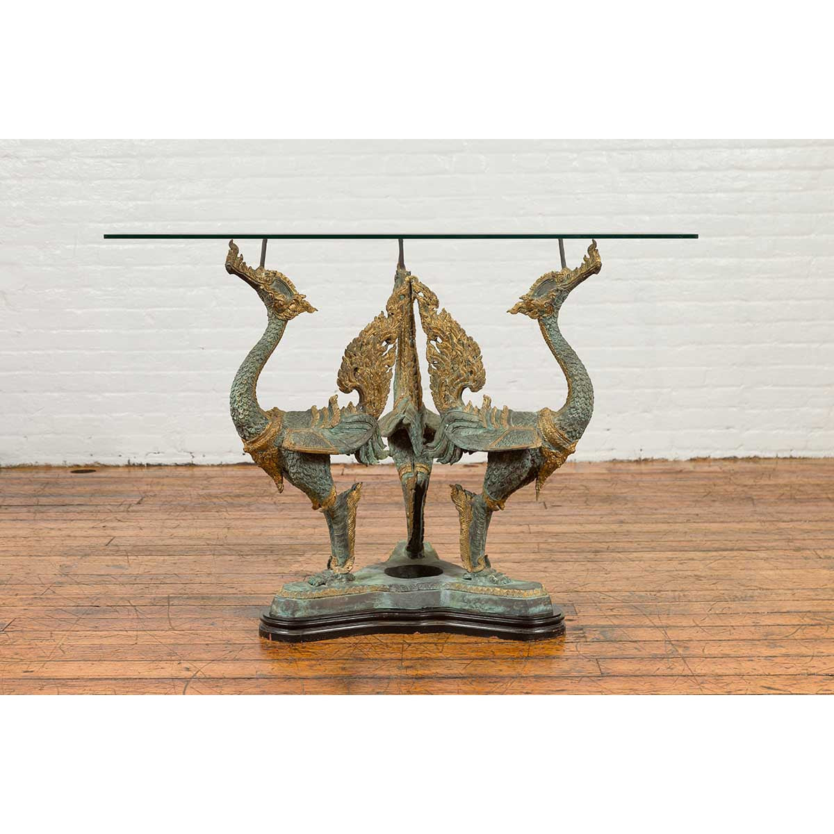 Bronze Contemporary Triple Dragon Table Base with Verde Patina and Gilt Accents-4. Asian & Chinese Furniture, Art, Antiques, Vintage Home Décor for sale at FEA Home