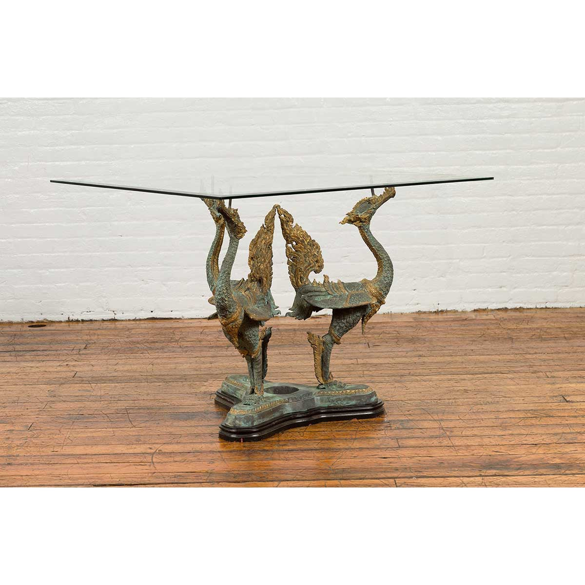 Bronze Contemporary Triple Dragon Table Base with Verde Patina and Gilt Accents-3. Asian & Chinese Furniture, Art, Antiques, Vintage Home Décor for sale at FEA Home